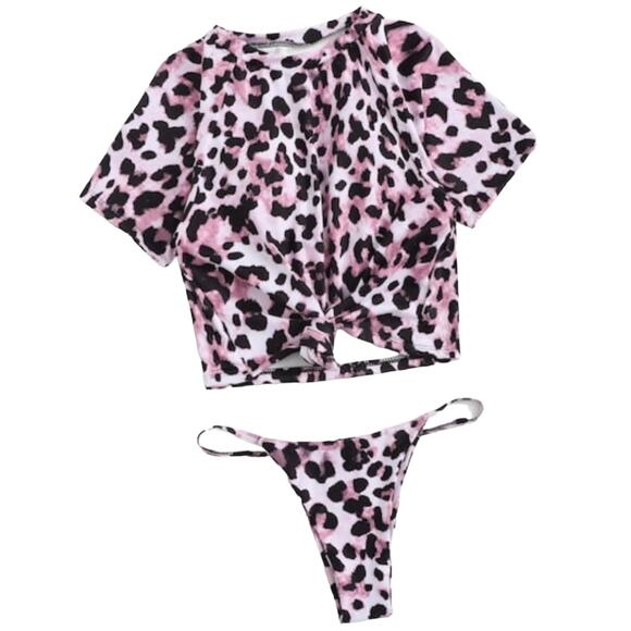 Black Pink Animal Print Tie Knot Animal Print Bikini Medium - Picture 1 of 2